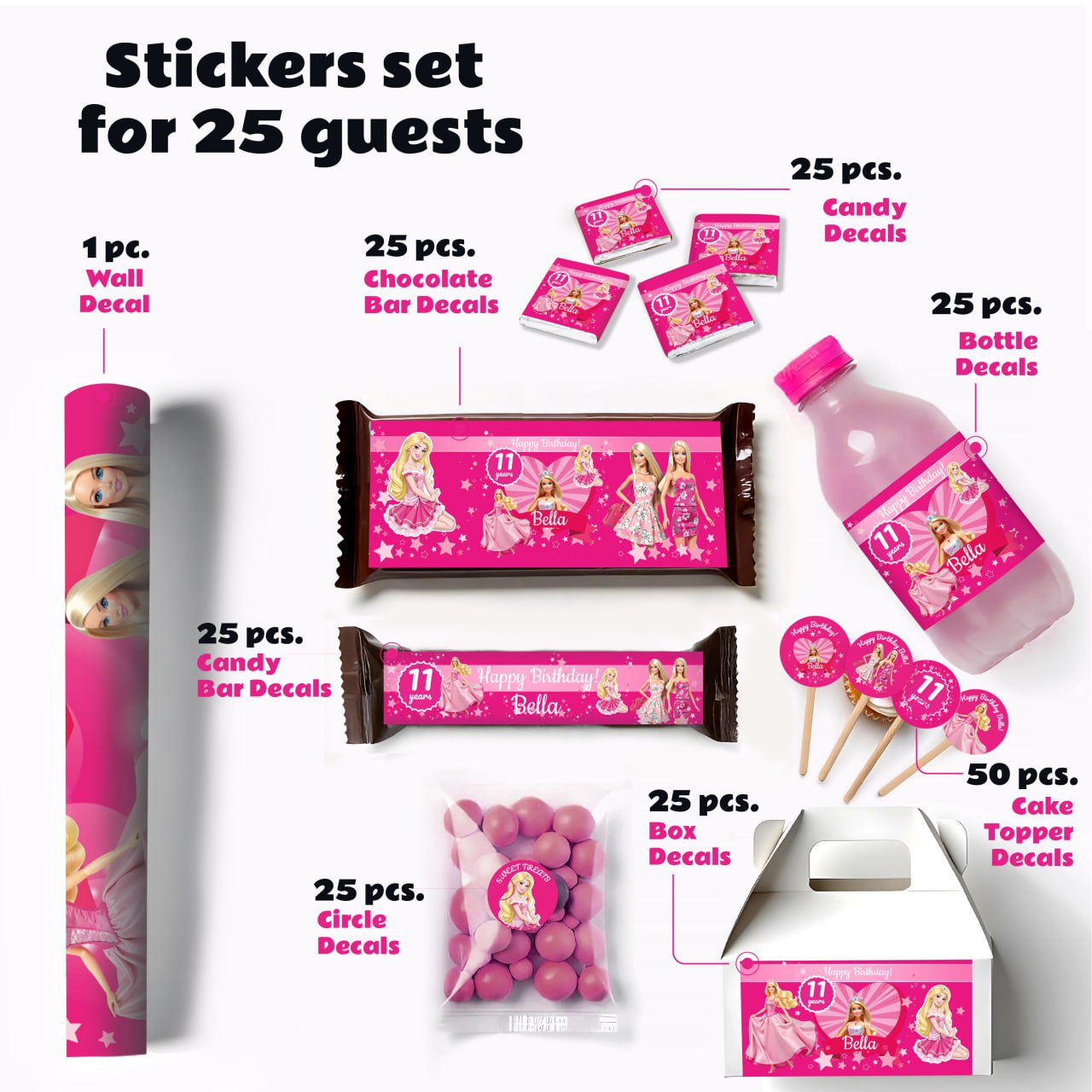 Personalized Pink Princess Birthday Party Decal Set