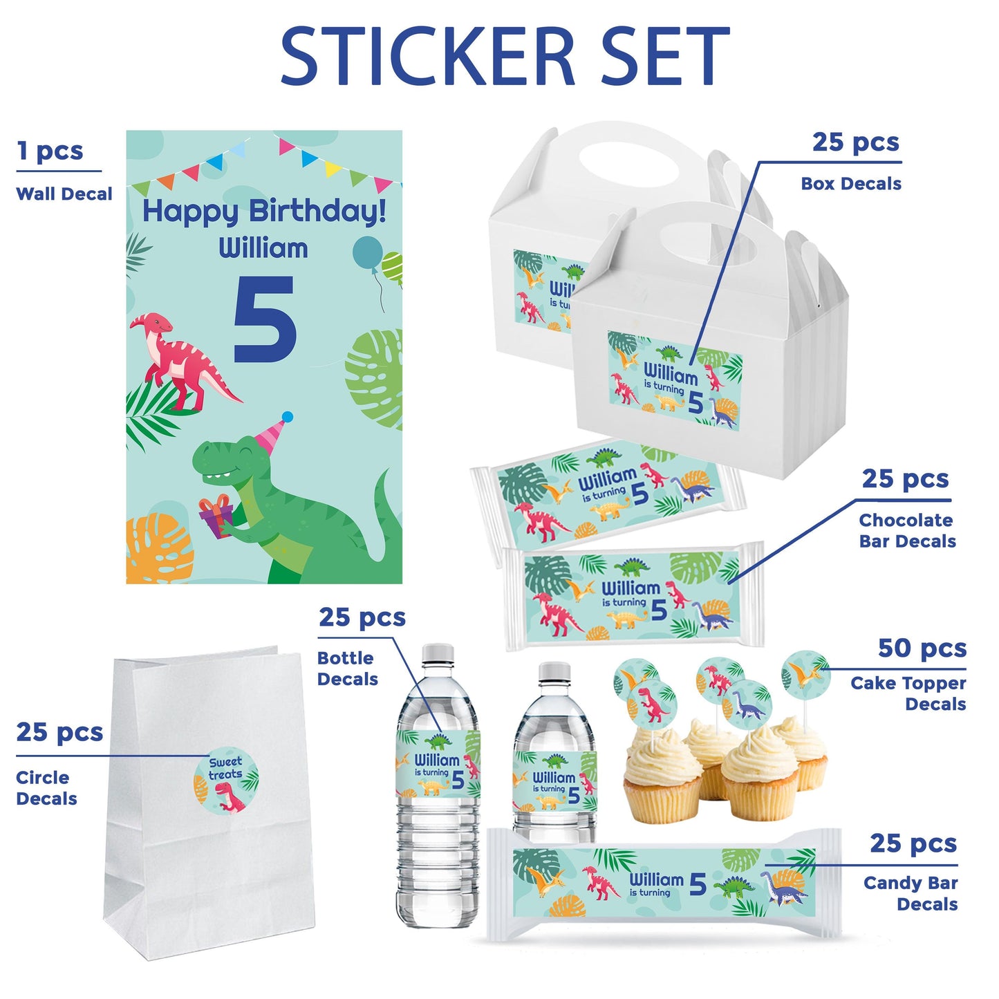 Dinosaur Birthday Party Decal Set | Personalized Kids Party Stickers | Custom Name Age Bottle, Treat Decals | DIY Dino Theme Decorations *!