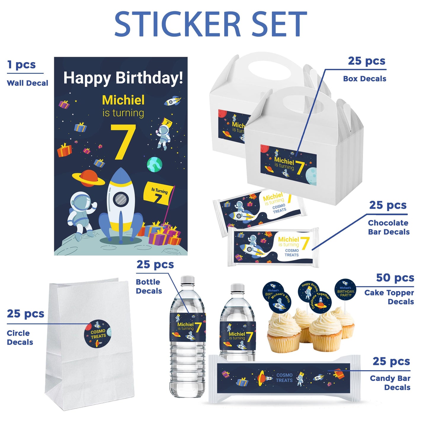Personalized Space Birthday Party Decal Set | Custom Name Age Bottle, Treat Decals | Astronaut Rocket Theme | DIY Boys Party Decorations *!