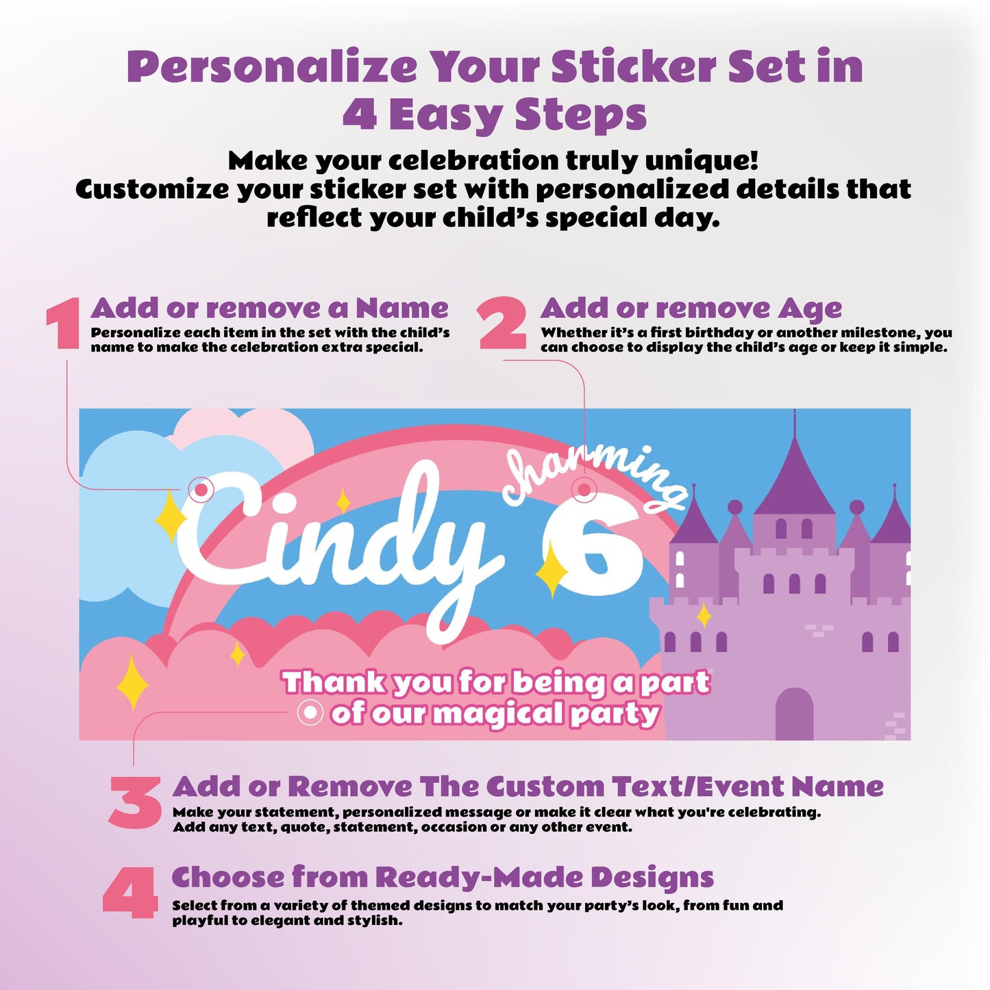 Personalized Kids Birthday Sticker Set | Custom Girls Name Age Party Decor Decals | Table Labels | Birthday Decoration Kit | Party Favor *!