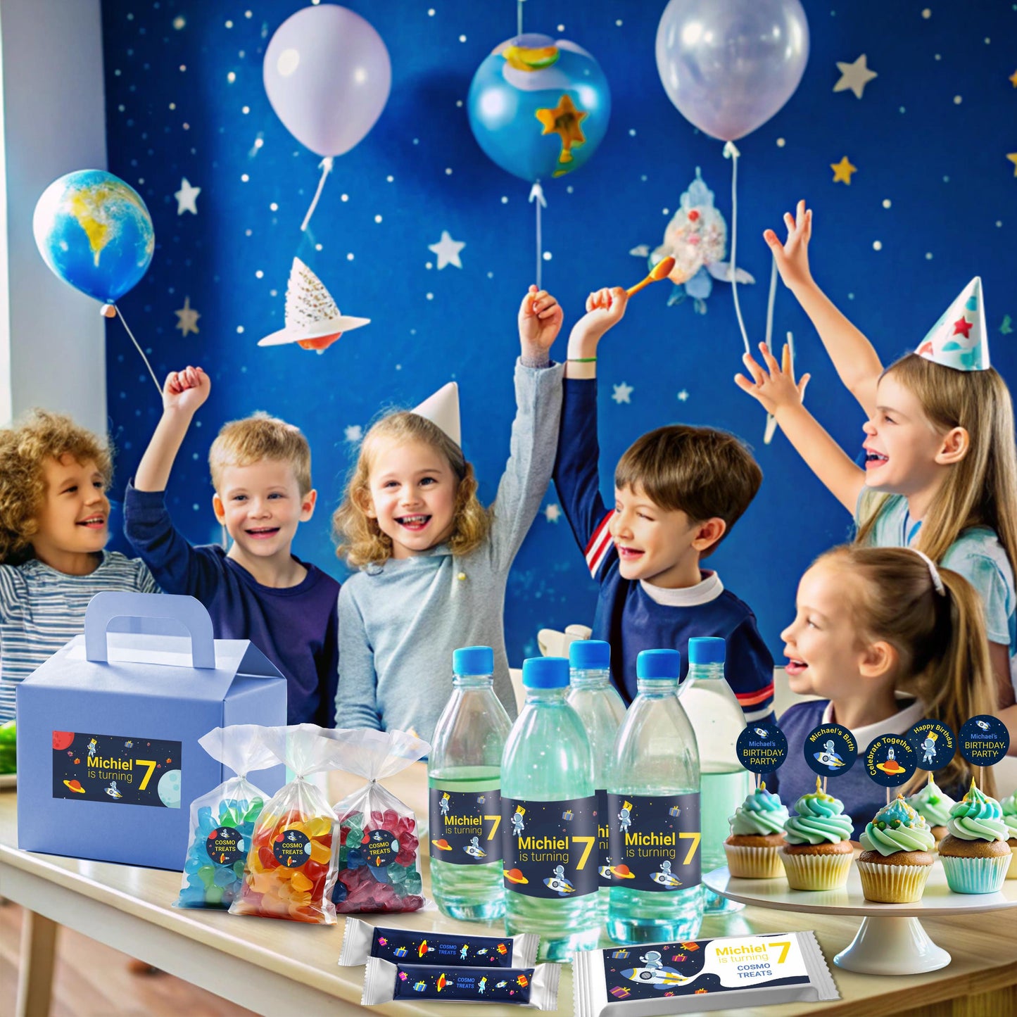 Personalized Space Birthday Party Decal Set | Custom Name Age Bottle, Treat Decals | Astronaut Rocket Theme | DIY Boys Party Decorations *!