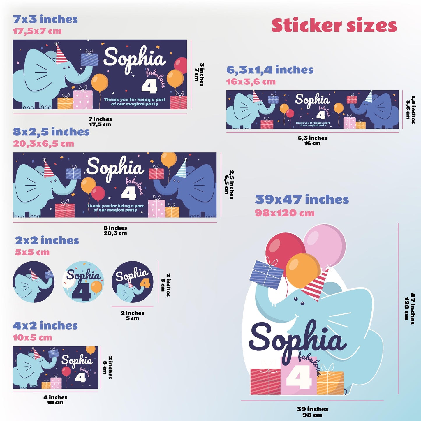 Personalized Elephant Birthday Party Decal Set | Custom Name Age Bottle Treat Decals | Cute Animal Theme | DIY Girls Party Decorations *!