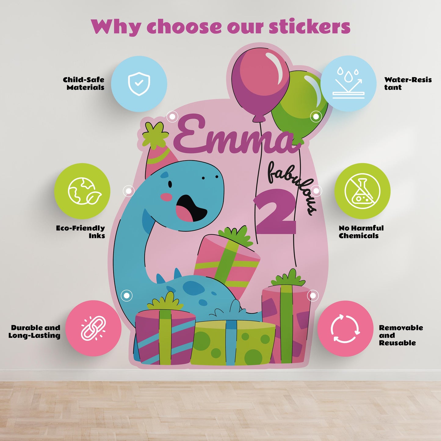 Dinosaur Themed Personalized Kids Birthday Sticker Set | Custom Girl Name Age Party Decor Decals | Birthday Decoration Kit | Party Favor *!