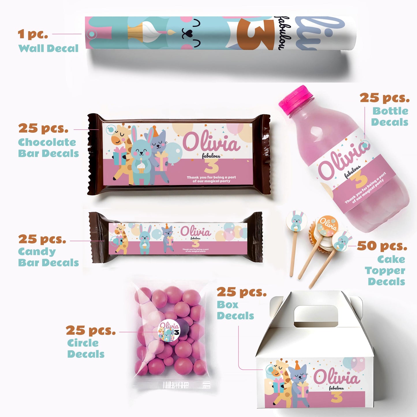 Personalized Kids Party Decal Set | Animal Theme Party Stickers | Custom Name Age Bottle, Box, & Treat Decals | DIY Birthday Decorations *!