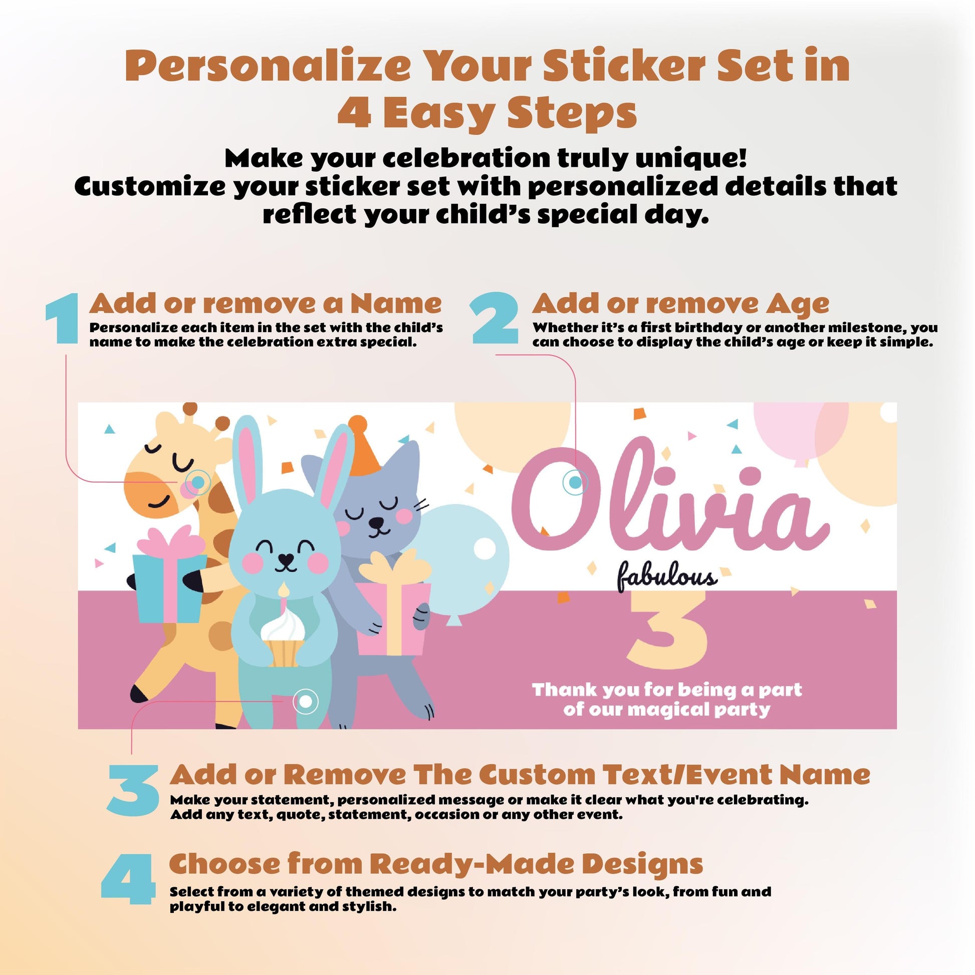 Personalized Kids Party Decal Set | Animal Theme Party Stickers | Custom Name Age Bottle, Box, & Treat Decals | DIY Birthday Decorations *!