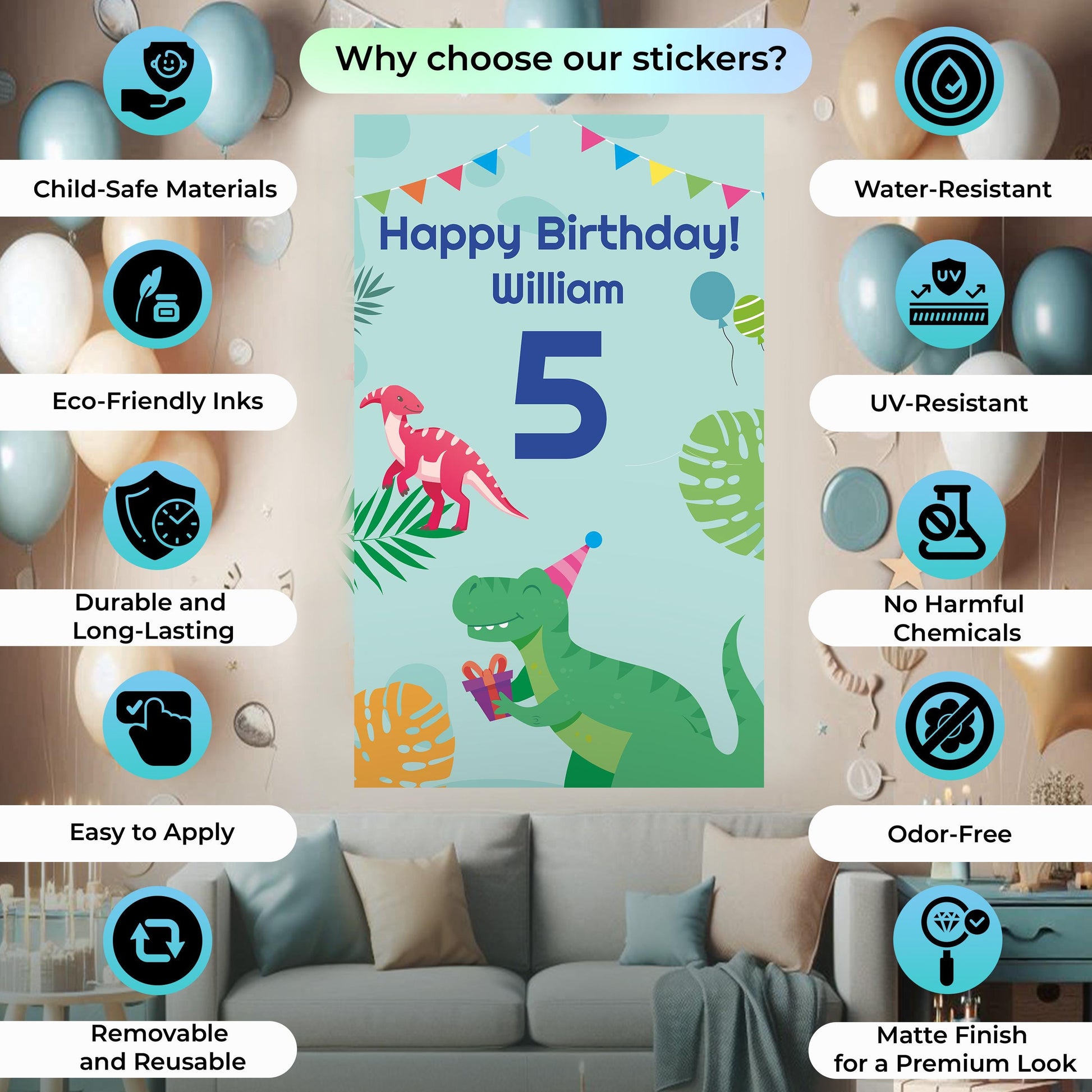Dinosaur Birthday Party Decal Set | Personalized Kids Party Stickers | Custom Name Age Bottle, Treat Decals | DIY Dino Theme Decorations *!