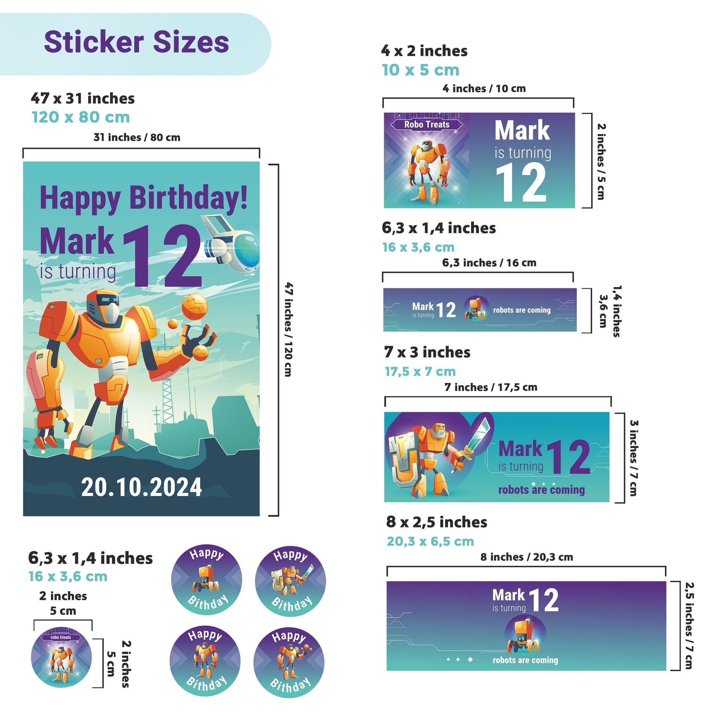 Customizable Robot Themed Birthday Decal Set | Boys Robot Party Stickers | Sci-Fi Birthday Decor | Robot Cake Toppers Water Bottle Labels *!
