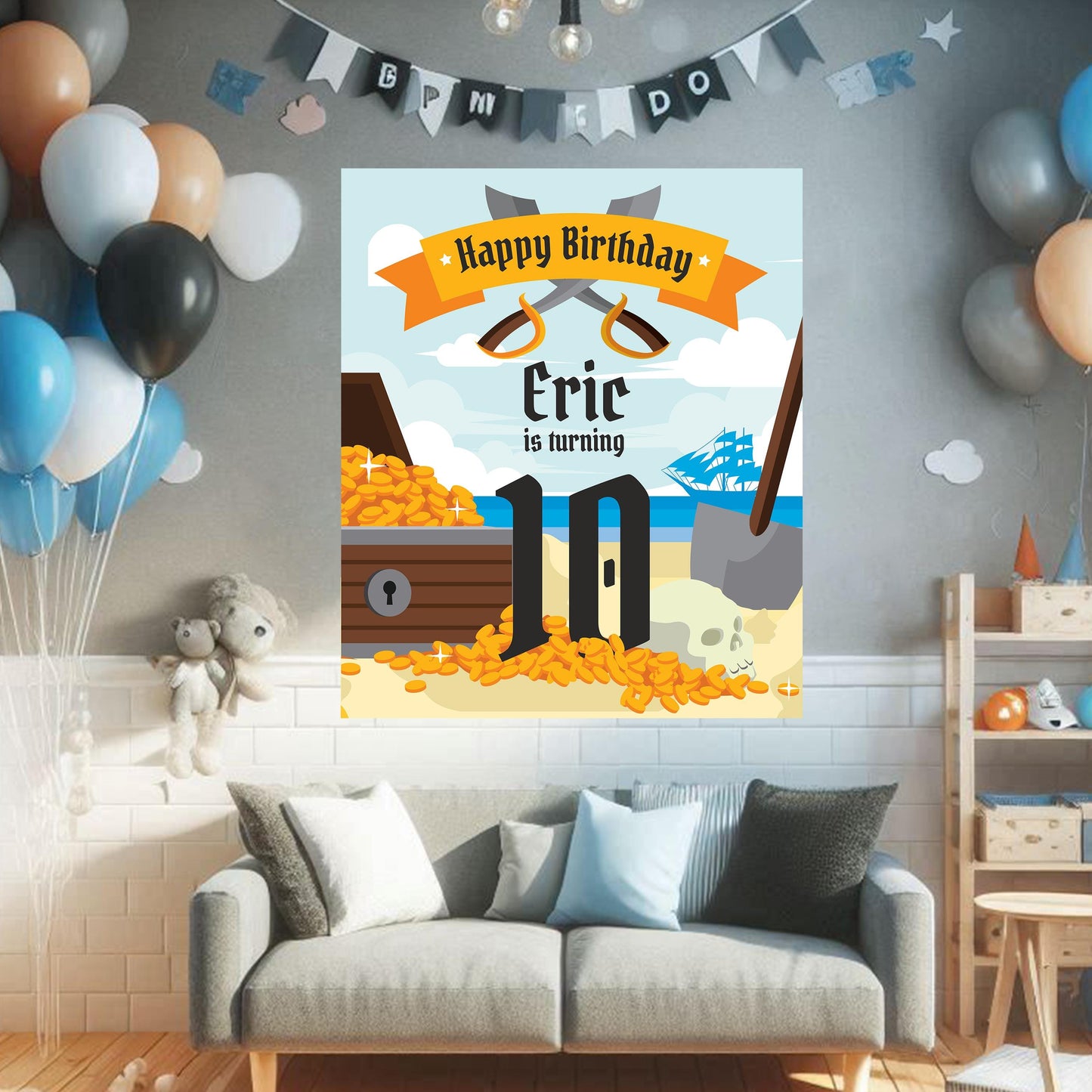 Pirate Treasure Birthday Wall Sticker | Customizable Kids Party Decal Decor | Personalized Name, Age & Theme Wall Art *!