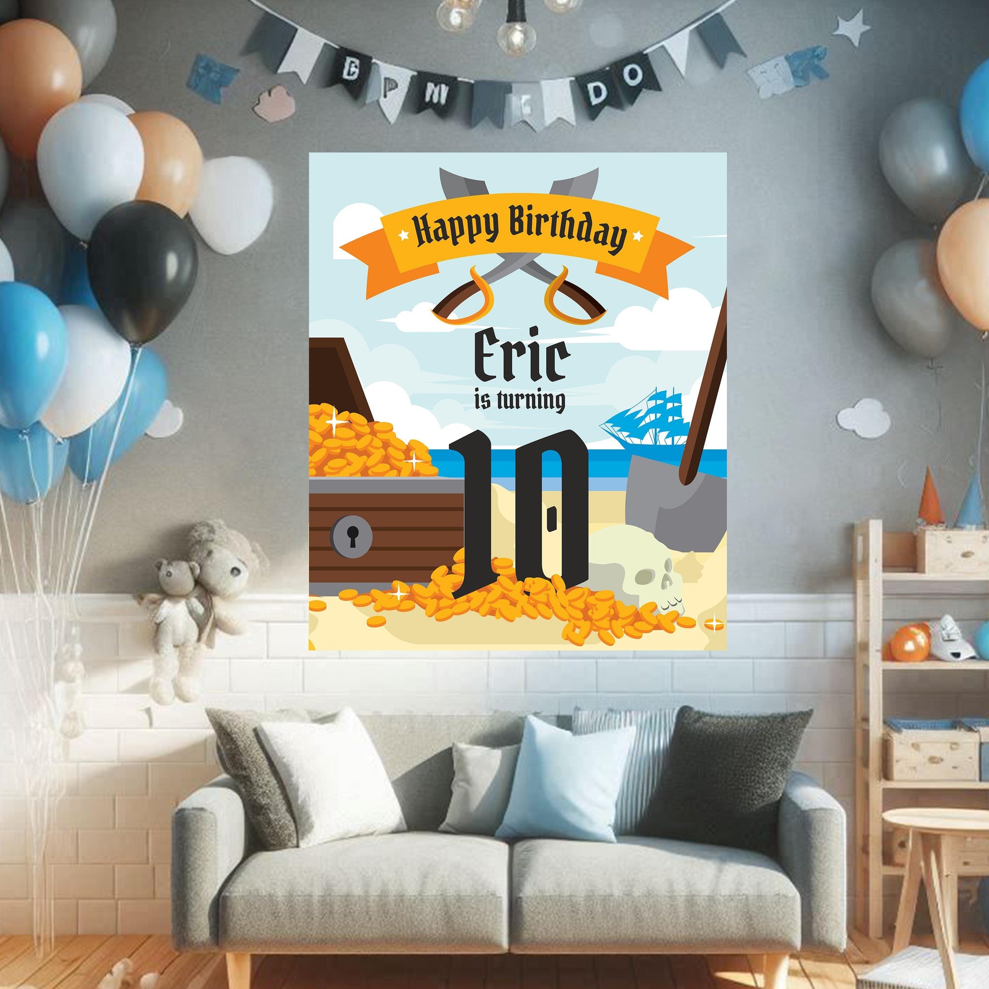 Pirate Treasure Birthday Wall Sticker | Customizable Kids Party Decal Decor | Personalized Name, Age & Theme Wall Art *!