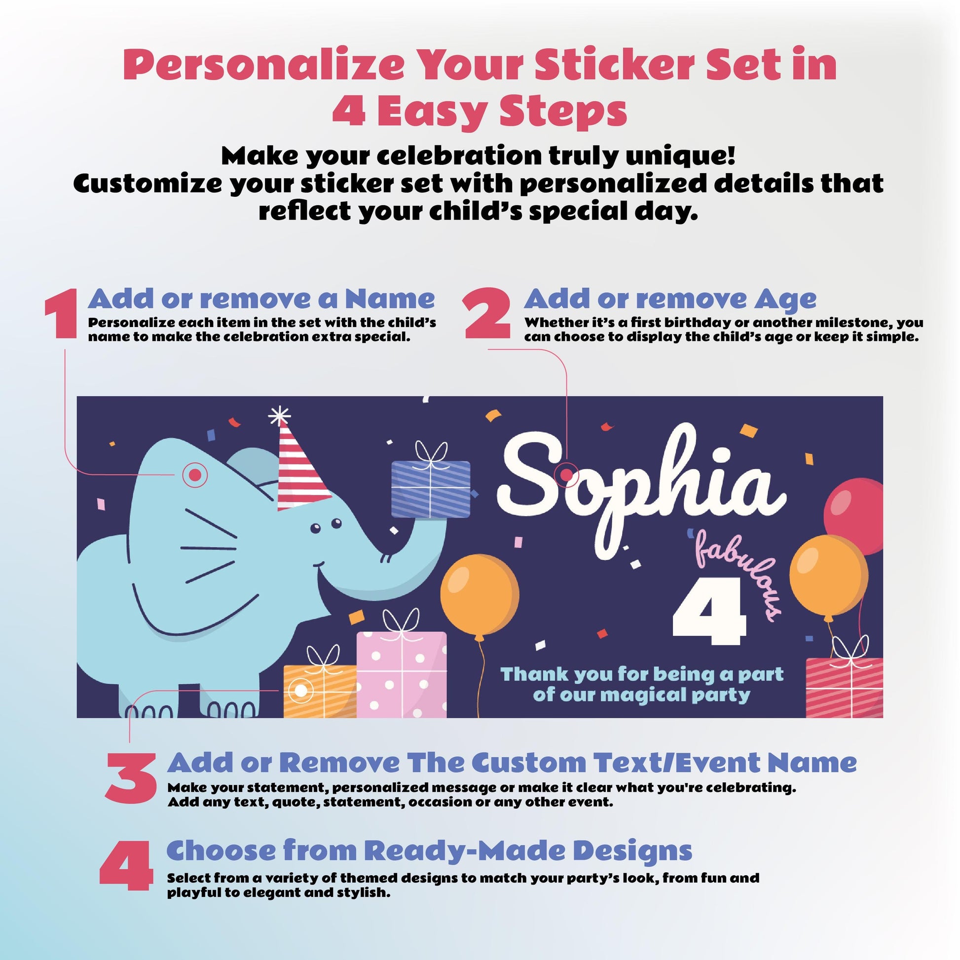 Elephant Birthday Wall Sticker | Customizable Kids Party Decal Decor | Personalized Name, Age & Party Theme Wall Art *!