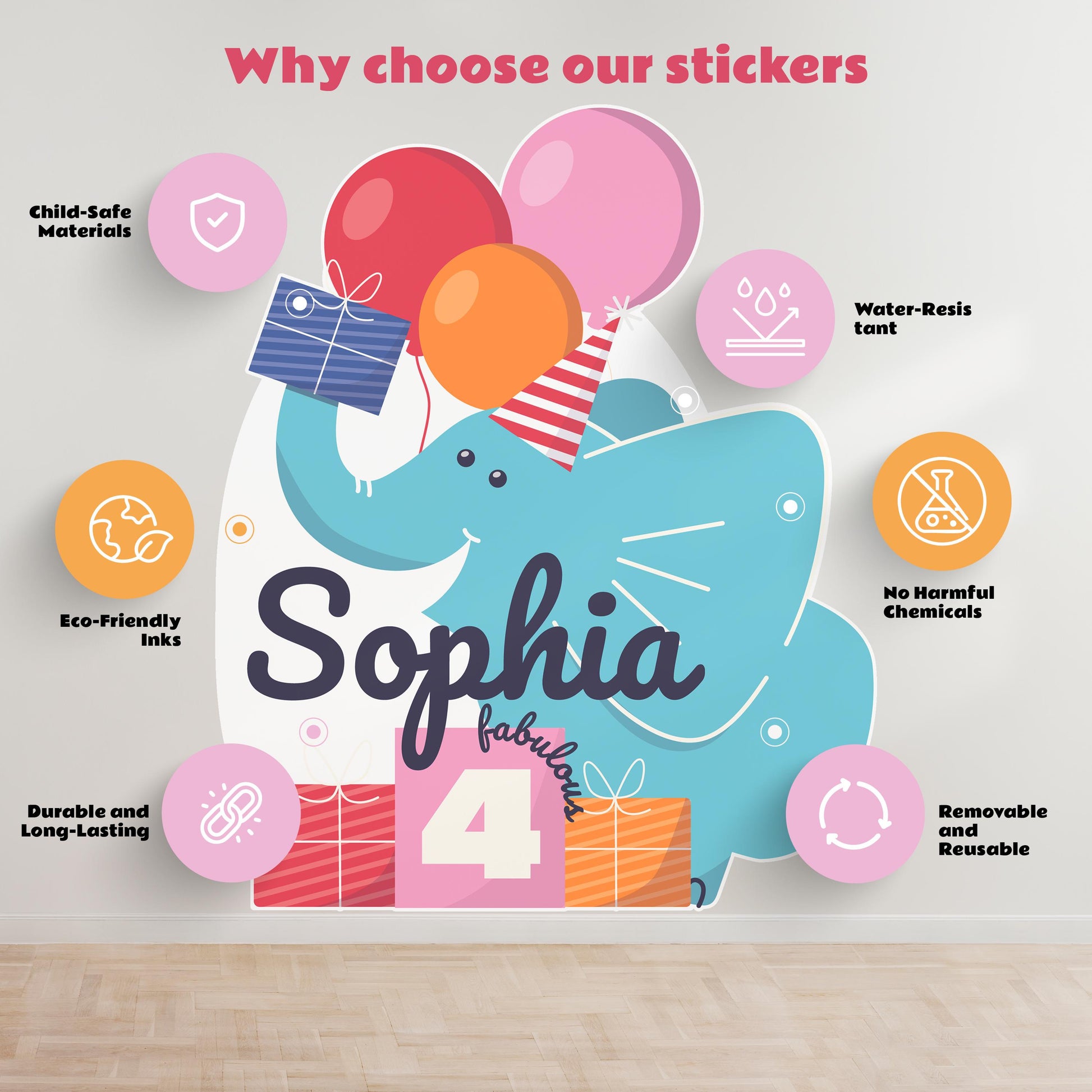 Elephant Birthday Wall Sticker | Customizable Kids Party Decal Decor | Personalized Name, Age & Party Theme Wall Art *!