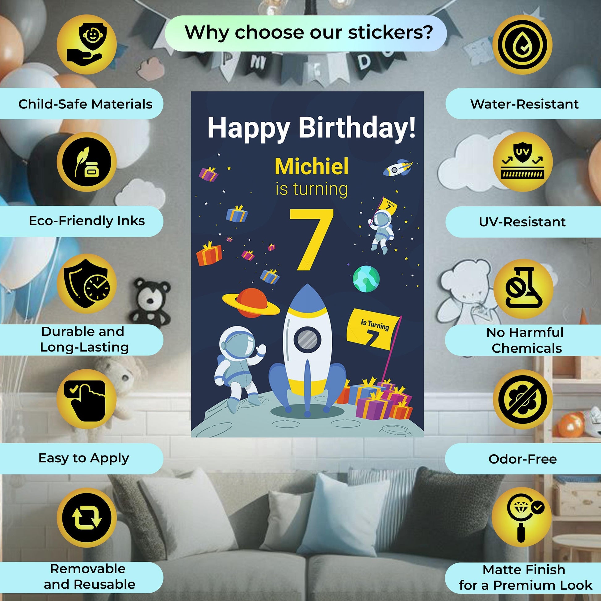 Personalized Space Birthday Party Decal Set | Custom Name Age Bottle, Treat Decals | Astronaut Rocket Theme | DIY Boys Party Decorations *!