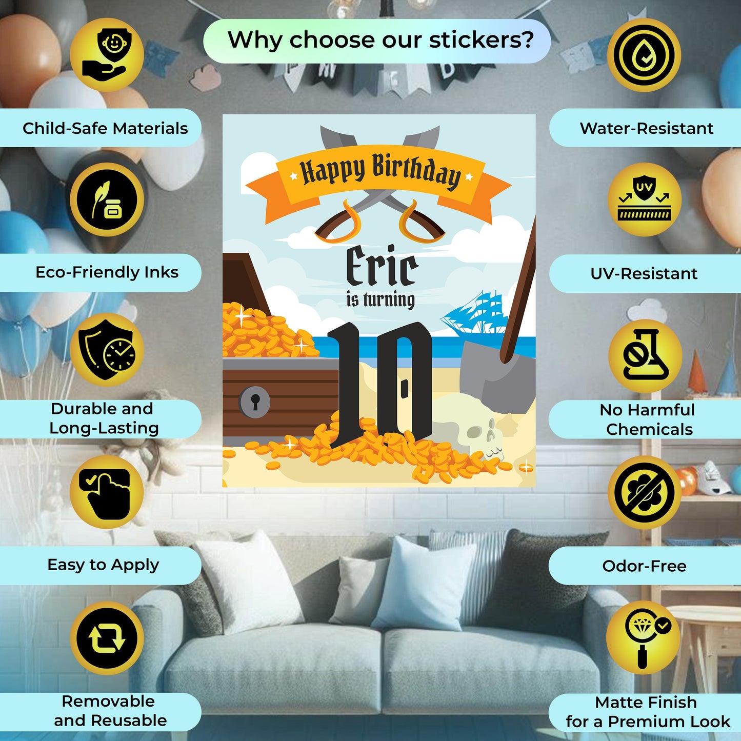Pirate Birthday Party Decal Set | Personalized Name Age Decor Stickers | Treasure Pirate Theme Labels | DIY Boys Birthday Decorations *!