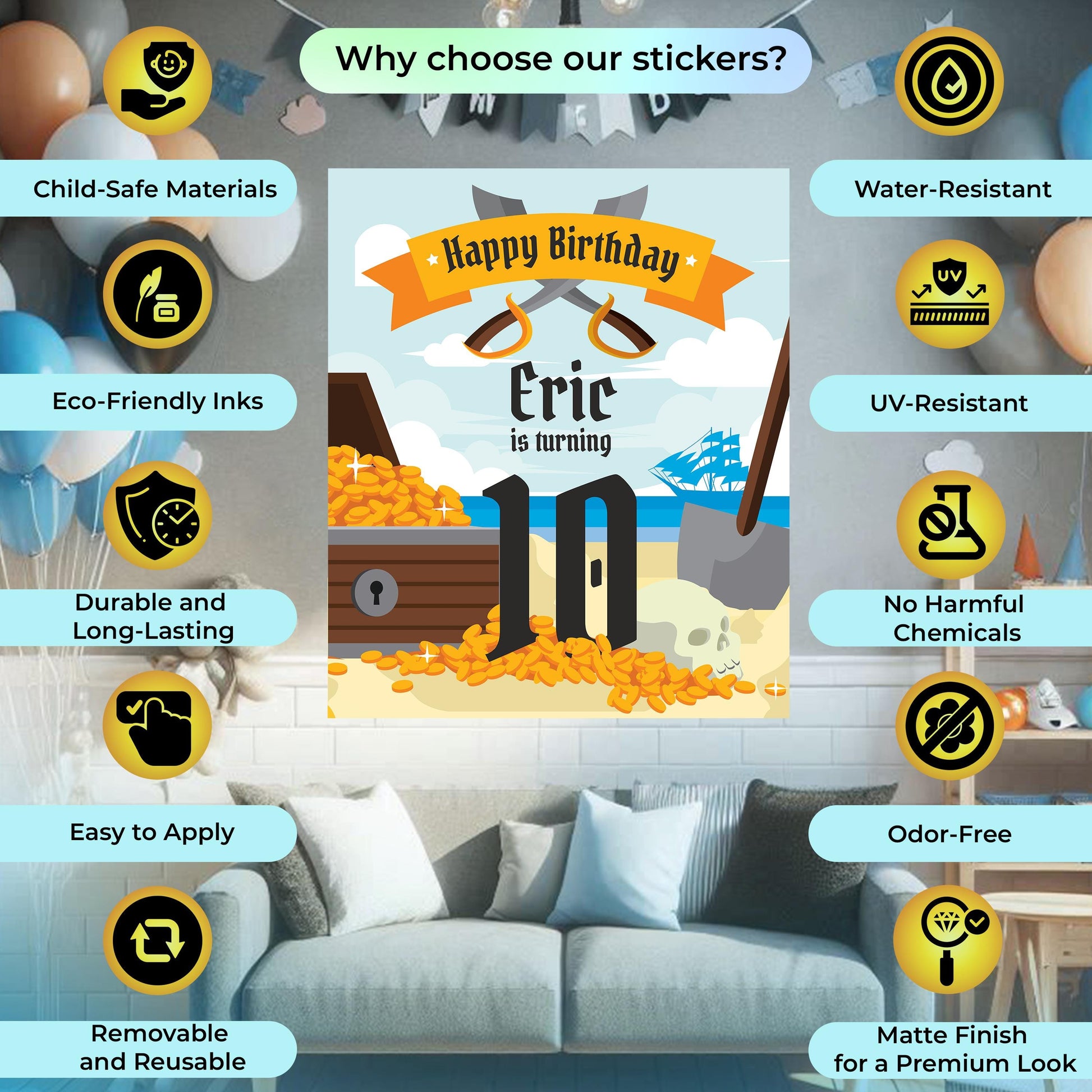 Pirate Birthday Party Decal Set | Personalized Name Age Decor Stickers | Treasure Pirate Theme Labels | DIY Boys Birthday Decorations *!