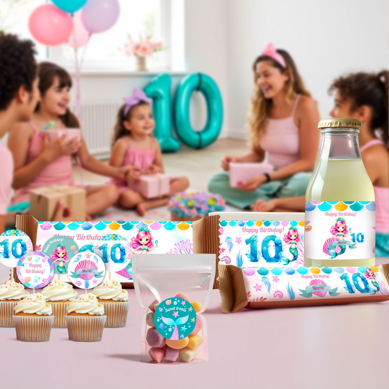 Personalized Mermaid Birthday Party Decal Set